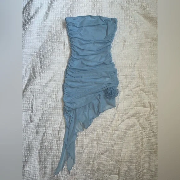 Commsense Strapless Rooched Tendril Baby Blue Mini Dress Sheer Size Medium - Picture 2 of 8